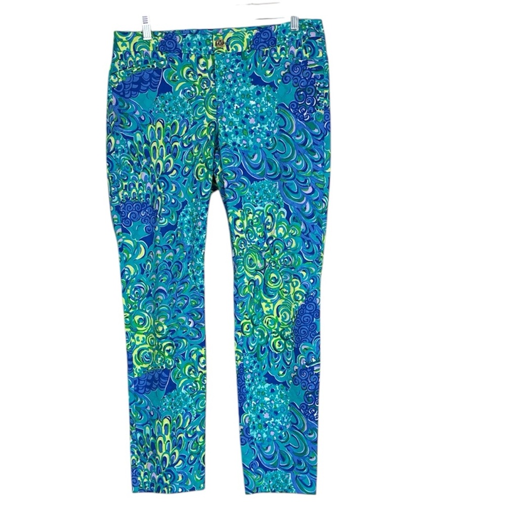 Lily Pulitzer Sz 8 Vibrant Blue and Green Kelly Ankle Lagoon Pants Cotton Blend